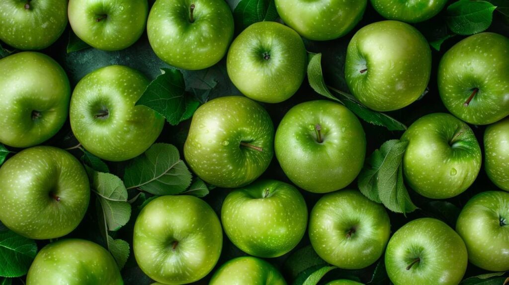 Fresh green apples with leaves arranged closely together