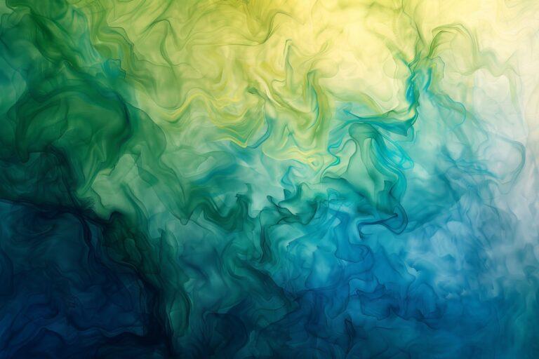 Abstract fluid gradient background in yellow, green, and blue tones with swirling smoke-like patterns.